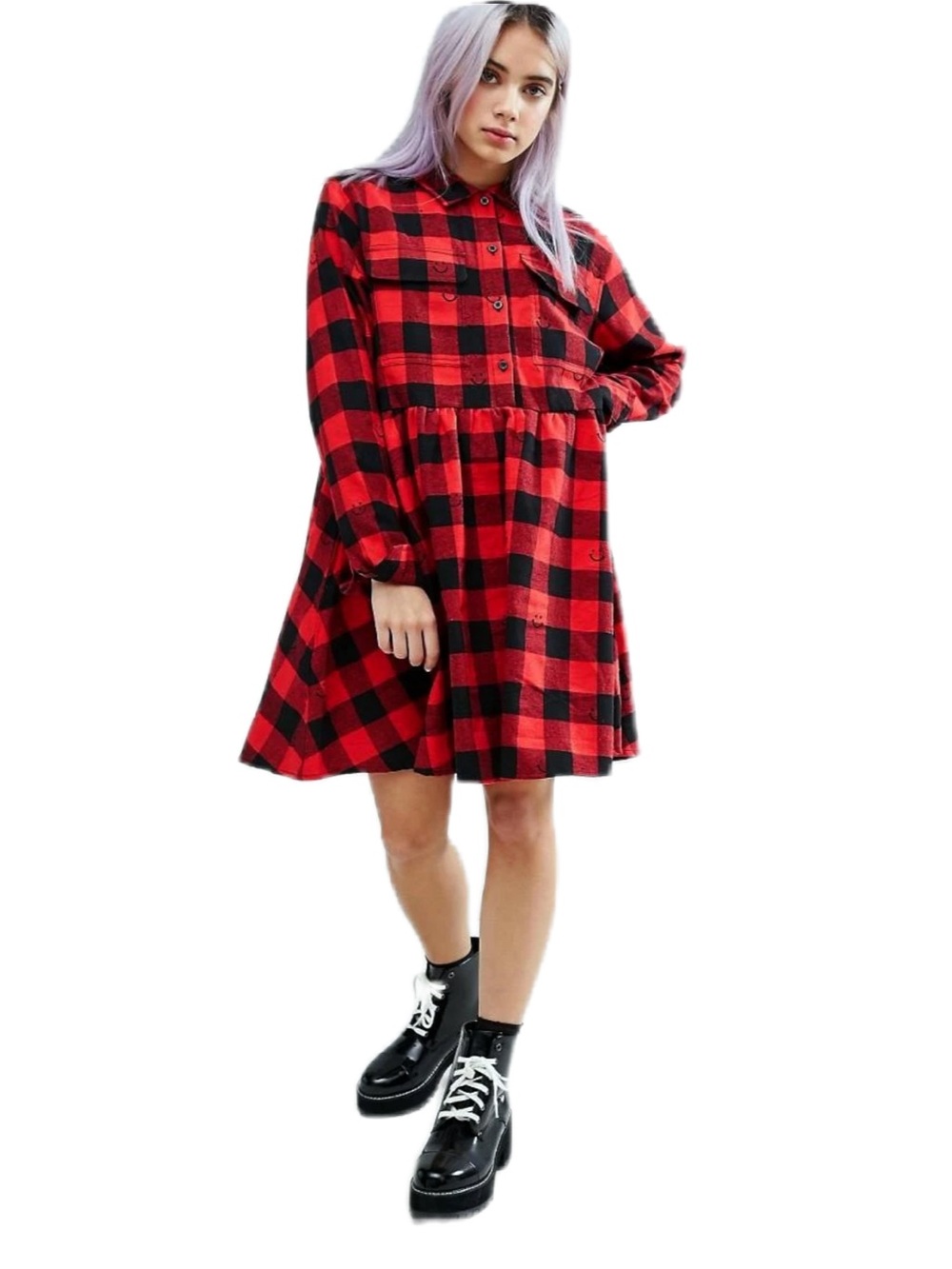 Lazy Oaf Happy Tartan Plaid Smiley Dress Red Black Buffalo Check Size M/L Rare